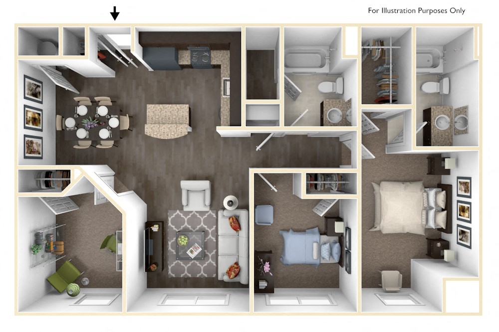 Floor plan for 3 beds, 2 baths, 1103 sqft